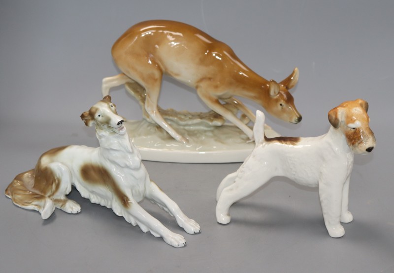 A Royal Dux deer, a USSR Airedale Terrier and a borzoi